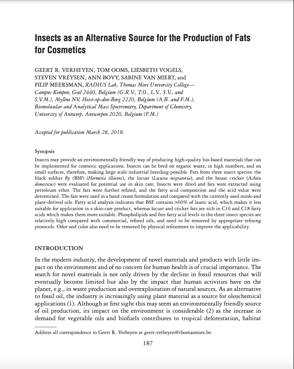 Insects as an alternative source for the production of fats for cosmetics