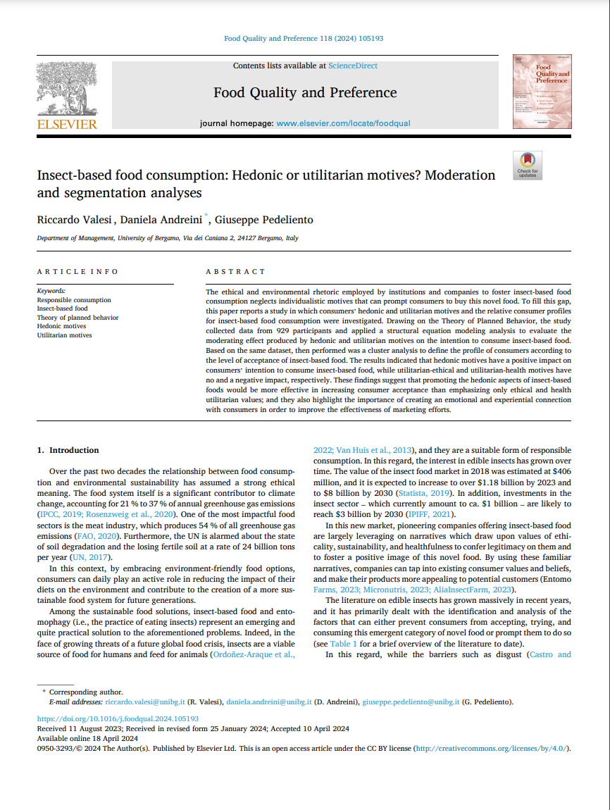 Insect-based food consumption: Hedonic or utilitarian motives? Moderation and segmentation analyses