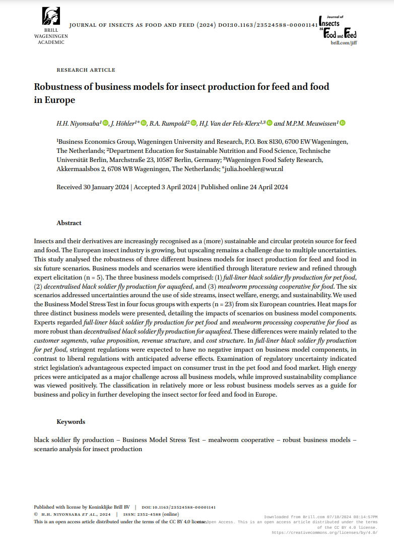 Robustness of business models for insect production for feed and food in Europe