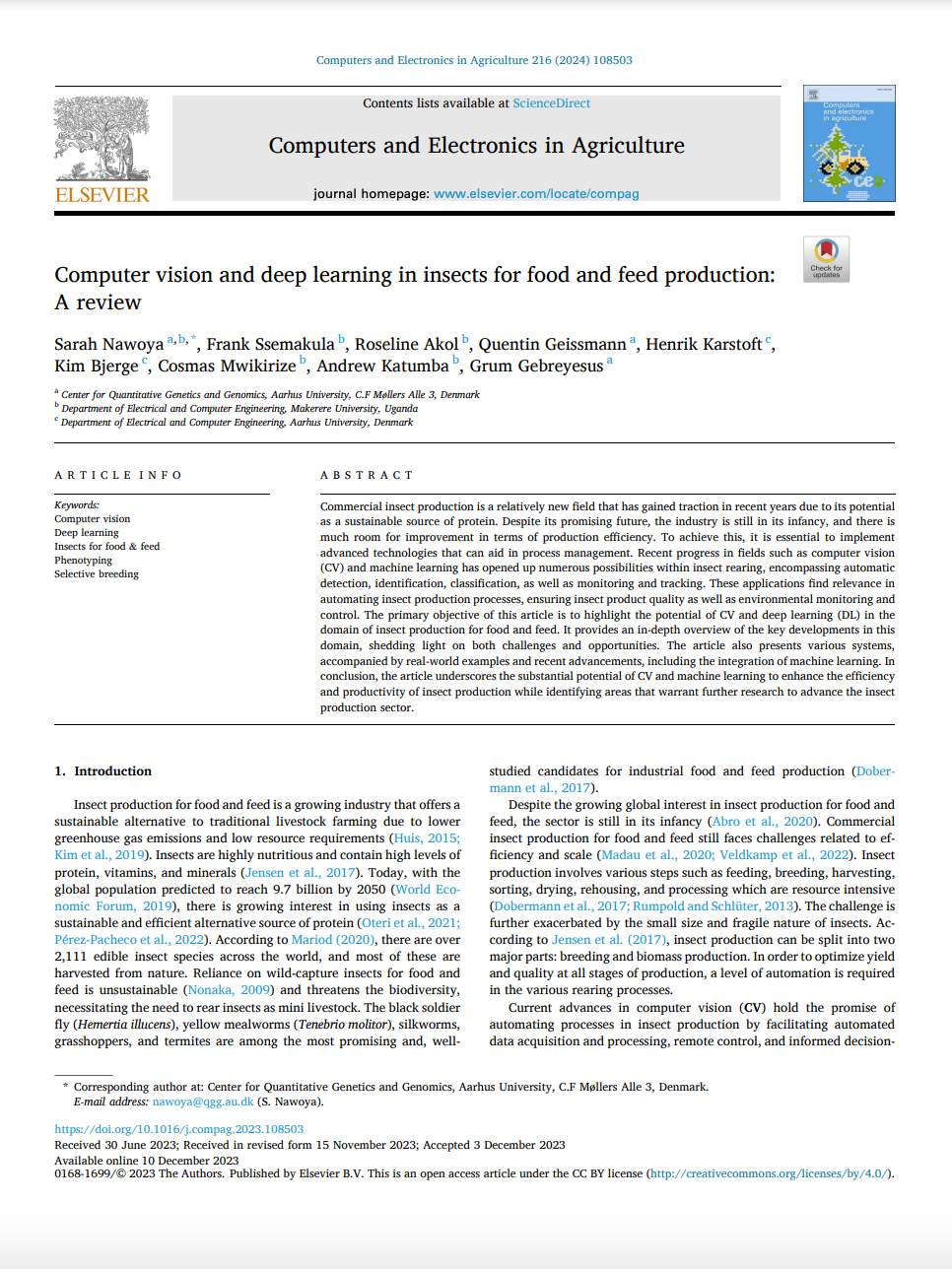 Computer vision and deep learning in insects for food and feed production: A review