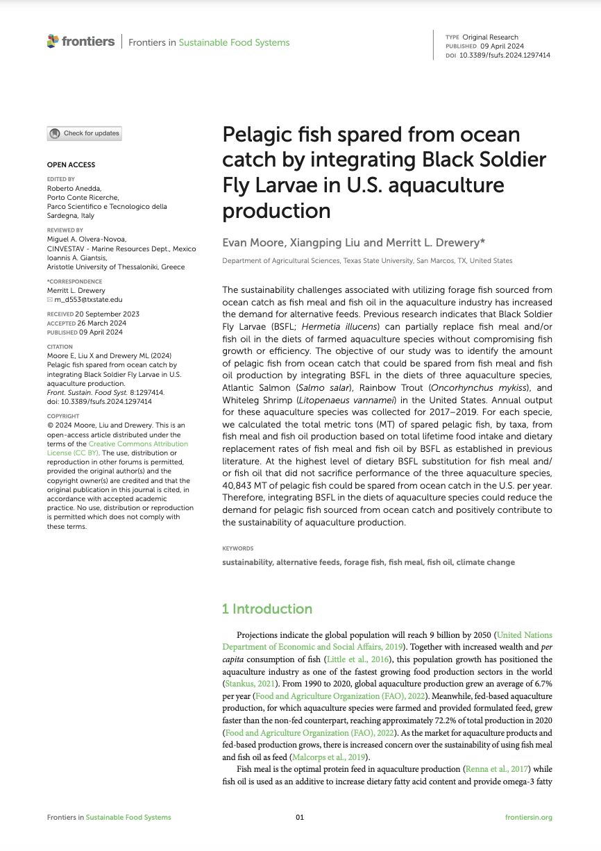 Pelagic fish spared from ocean catch by integrating Black Soldier Fly Larvae in US aquaculture production